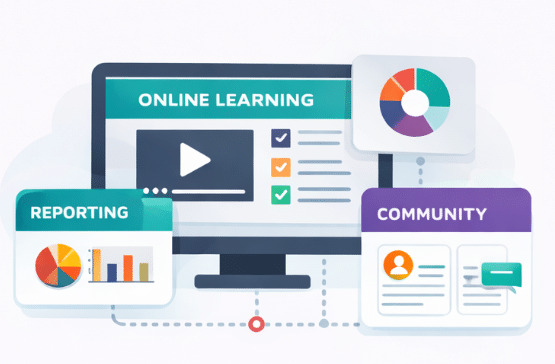 Integrated LMS platform combining online learning, reporting analytics, and online community discussions in a single connected learning ecosystem
