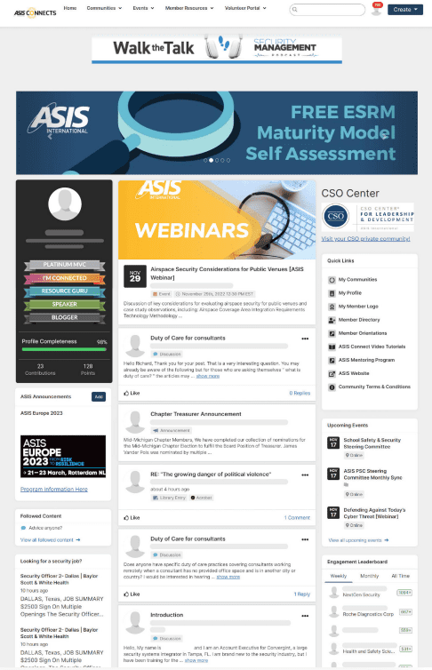 Logged-in homepage from ASIS International's community