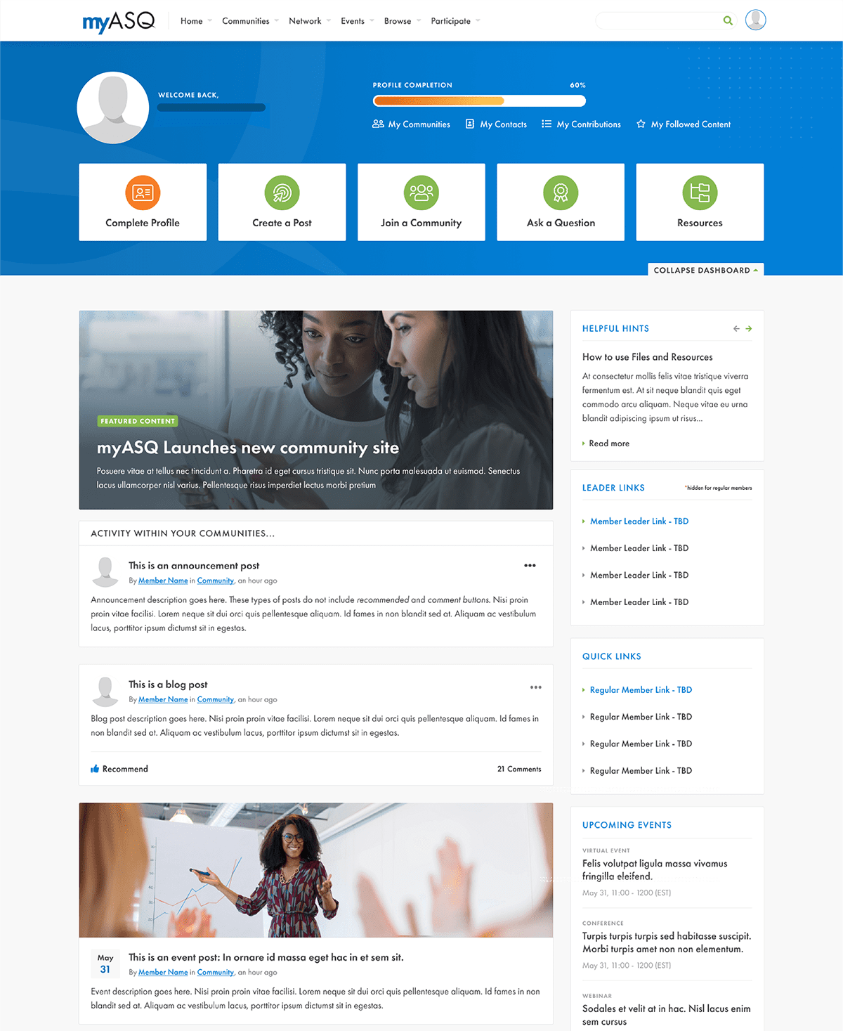 Logged-in homepage from ASQ's community