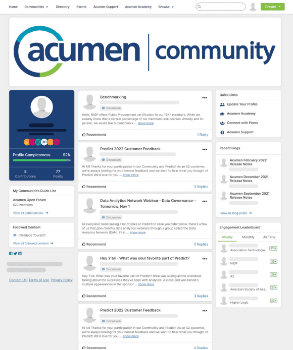 Logged-in homepage from Association Analytics' community