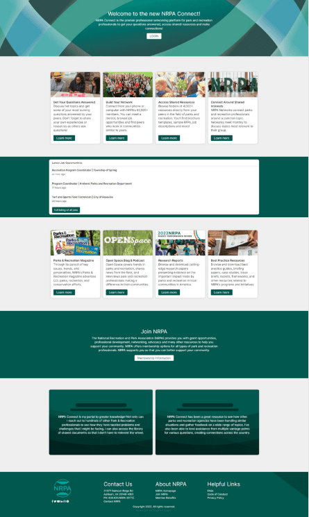 Logged-out homepage from NRPA's community