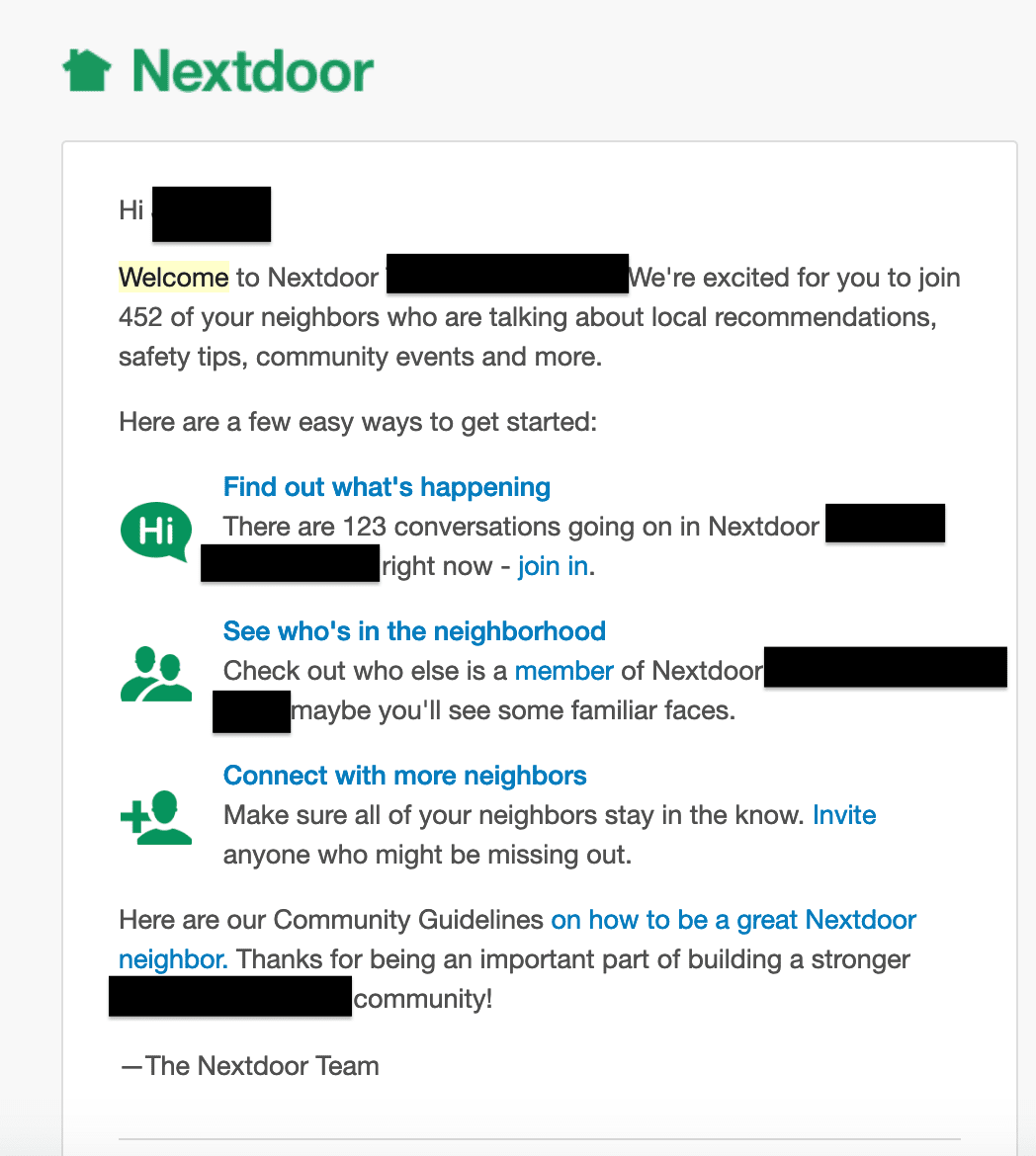 NextDoor Welcome Email