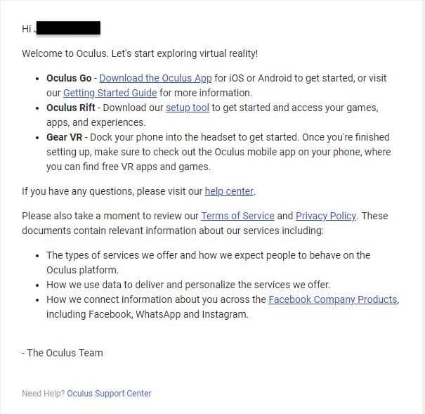 Oculus Welcome Email