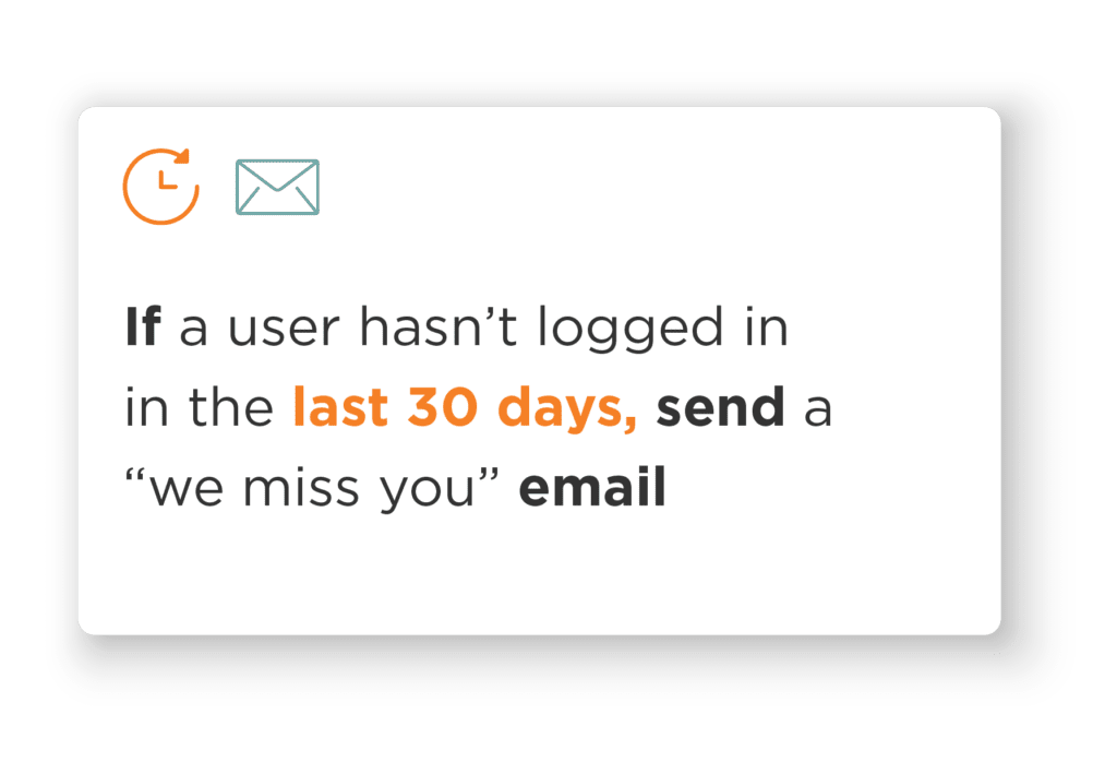 Automation rule example: If a user hasn't logged in in the last 30 days, send a "we miss you" email