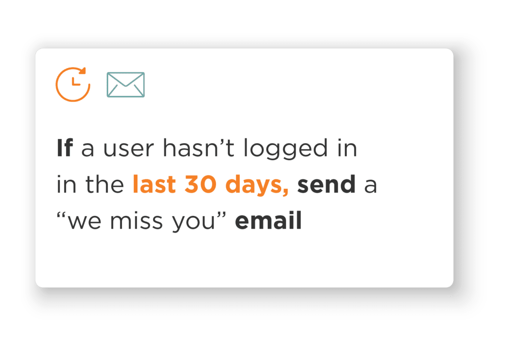 Automation rule example: If a user hasn't logged in in the last 30 days, send a "we miss you" email