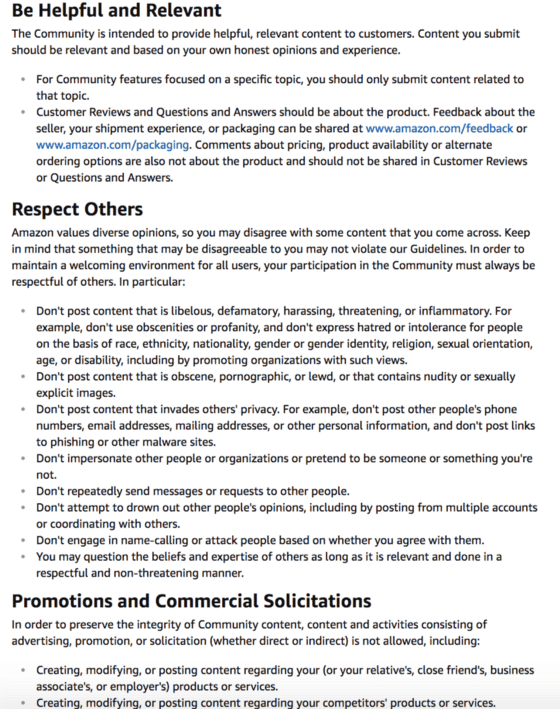 Amazon Community Guidelines, Retrieved November 2018. 