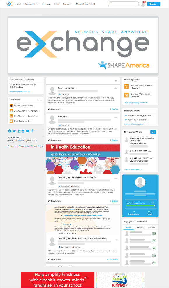 Logged-in homepage from SHAPE America's community