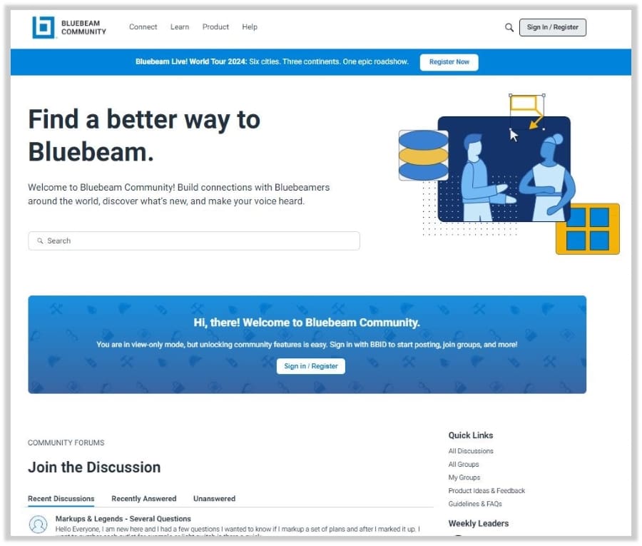 Screenshot of the Bluebeam community homepage