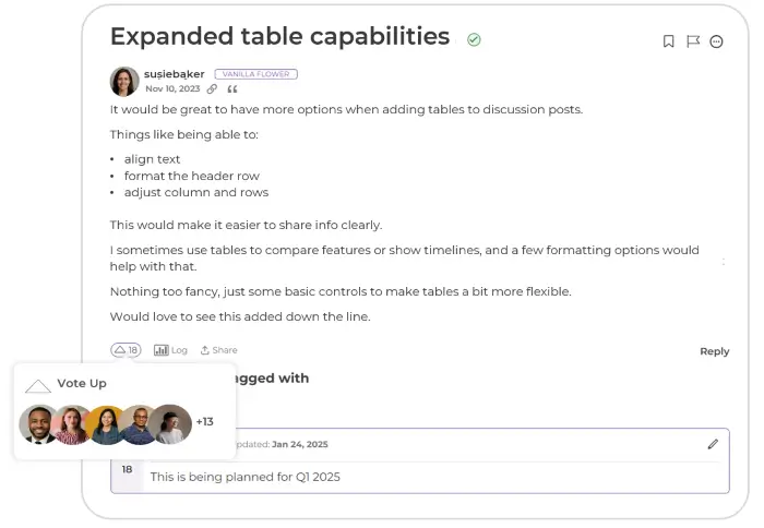 Example product idea of expanded table capabilities that was marked as planned for implementation within a B2B customer community
