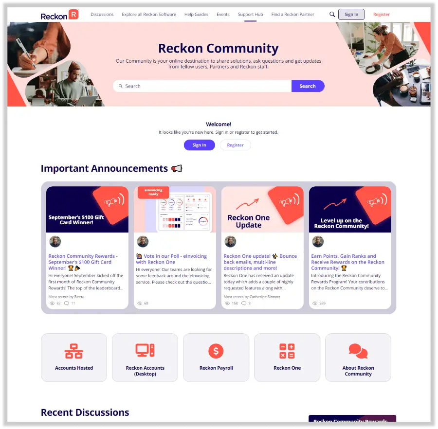 Screenshot of the Reckon community homepage