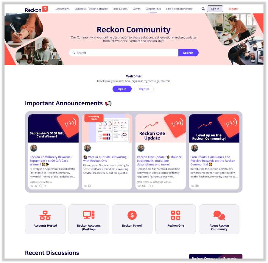 Screenshot of the Reckon Community homepage, featuring important announcements and recent discussions