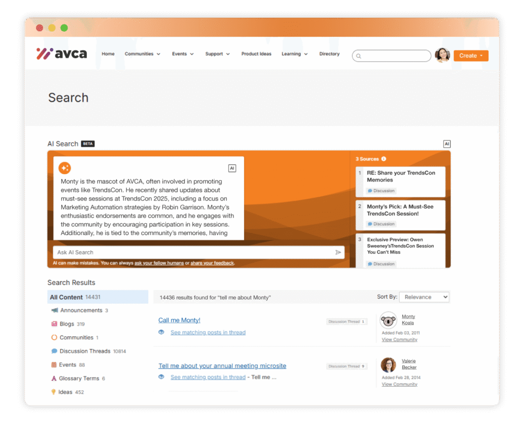 Mockup of Higher Logic’s AI Search feature