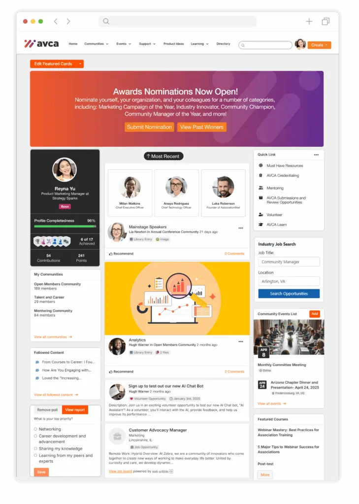 Product screenshot of online community built on Higher Logic Thrive software.