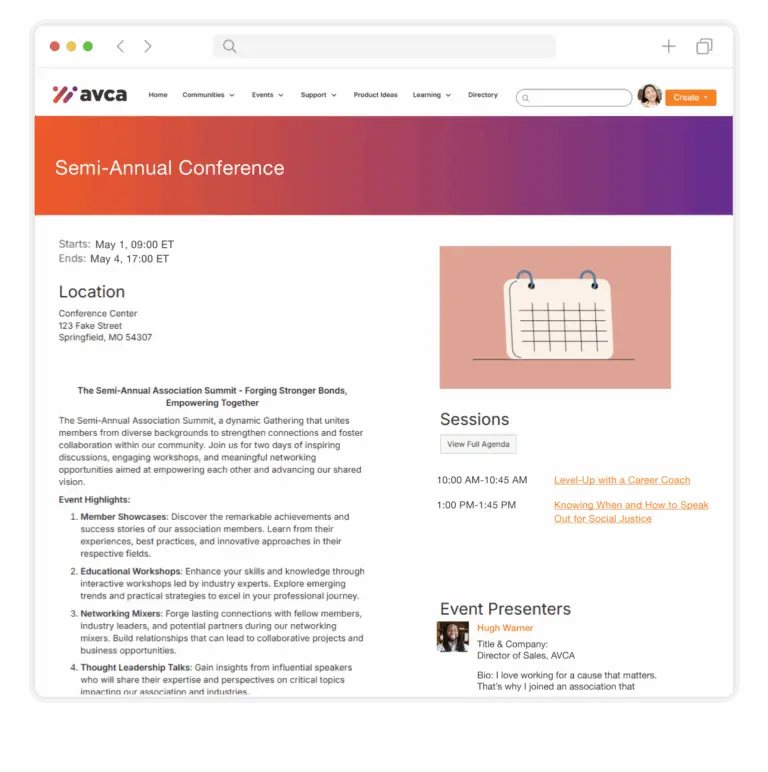 Product screenshot of event functionality inside Higher Logic Thrive communities.
