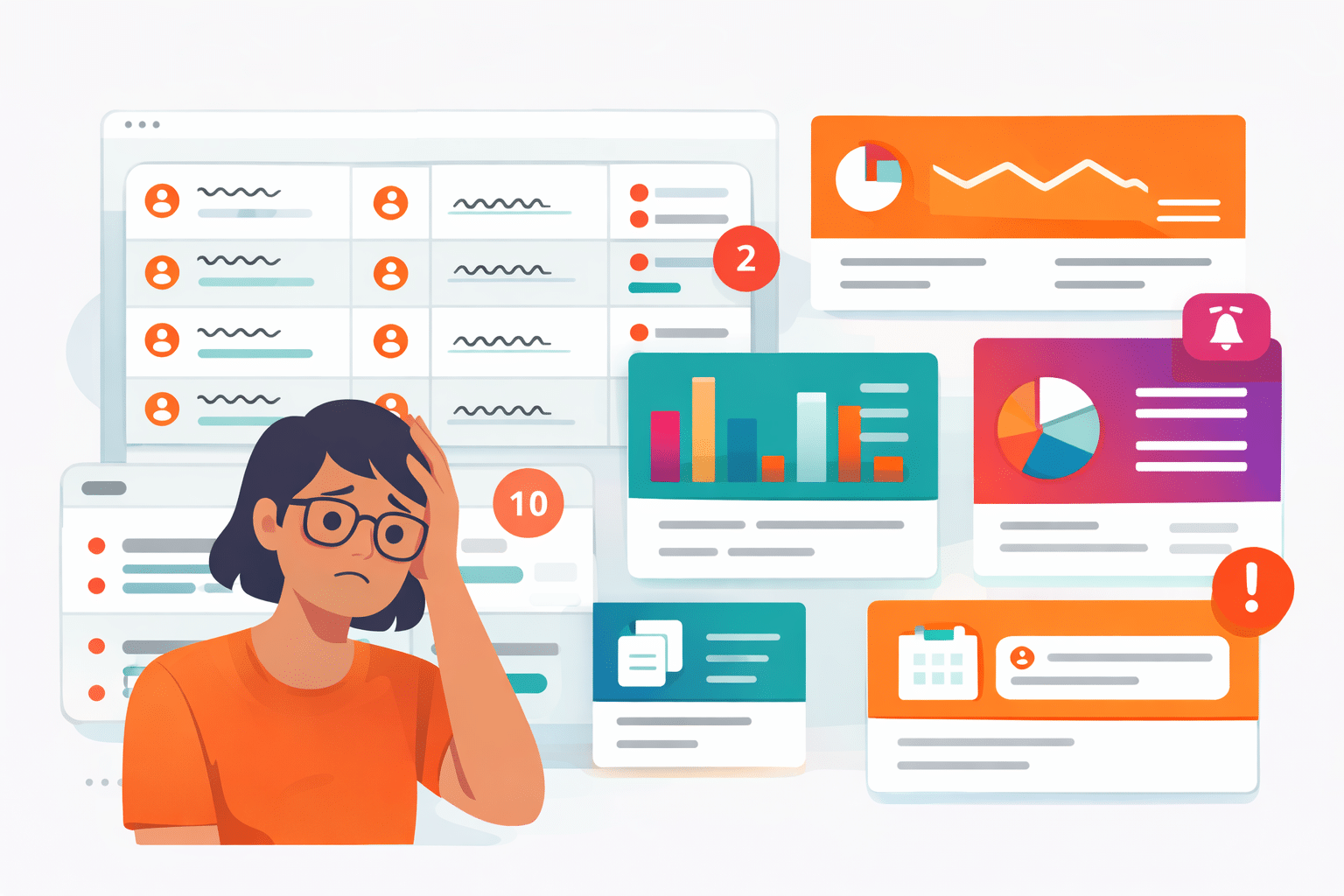 Illustration of an overloaded association learning management system dashboard with scattered reports, notifications, and charts, showing how manual processes and legacy LMS systems create administrative burden for association education teams.
