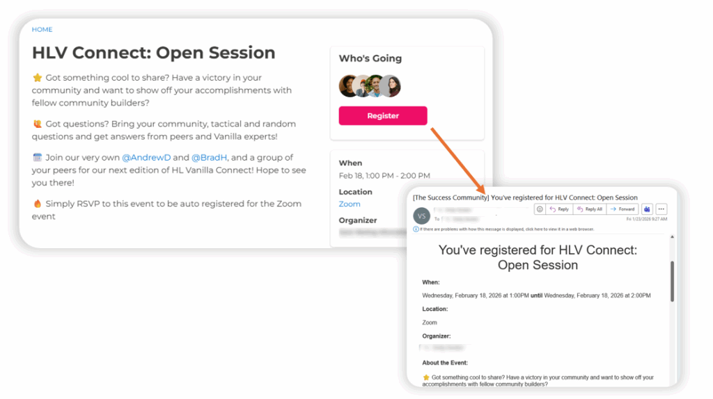 Higher Logic Vanilla Zoom Integration, showing the Higher Logic Vanilla event page makes it easy to explore event details, see who’s attending, and register in one click. Once registered, Zoom automatically delivers a confirmation email with event details, a calendar invite, and the join link.