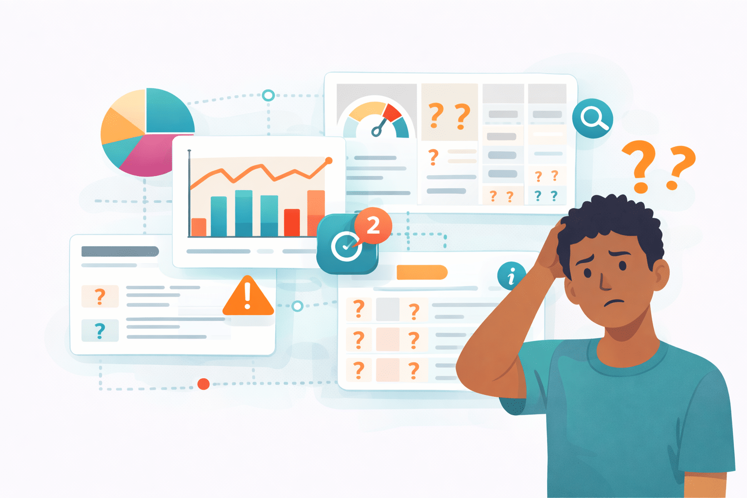 Illustration of a confusing association LMS reporting dashboard with fragmented charts, unclear metrics, and alerts, showing limited insight into professional development and continuing education programs without a modern association LMS.