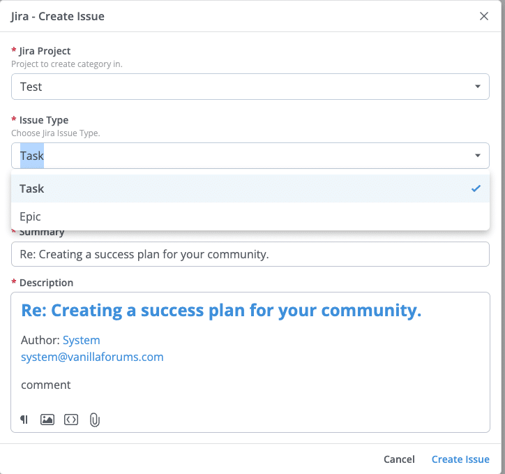 Higher logic vanilla jira integration, showing a staff member escalates a community post into Jira, selecting the project and issue type before creating the ticket.