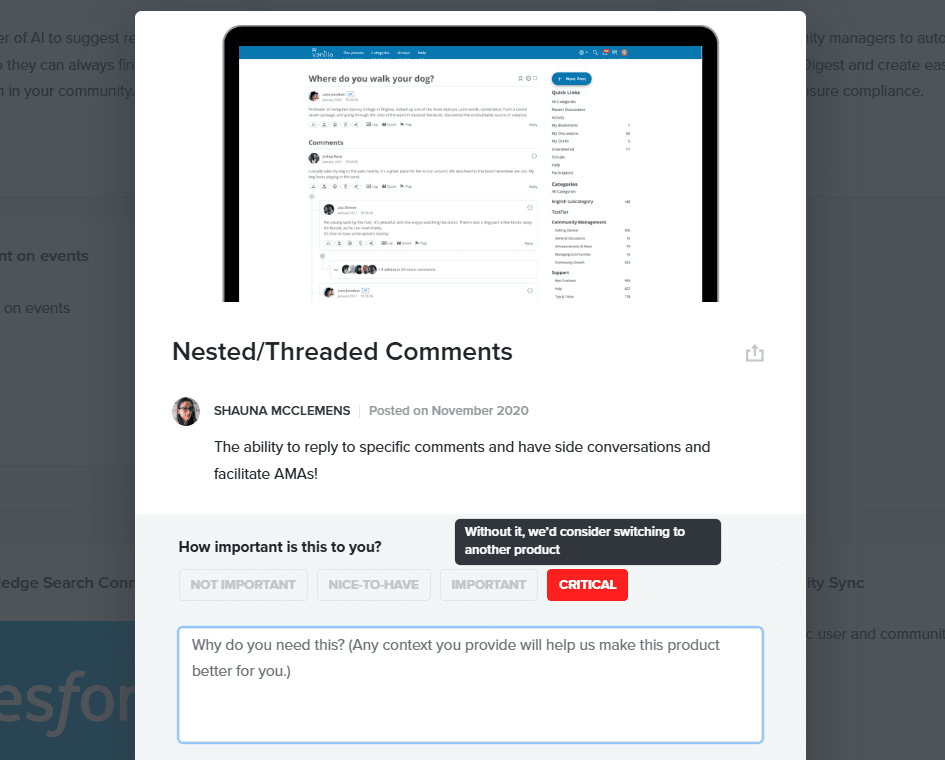 Higher Logic Vanilla Productboard integration showing view of a selected feature request from the product roadmap, where users can rate its criticality and leave feedback in the comments 