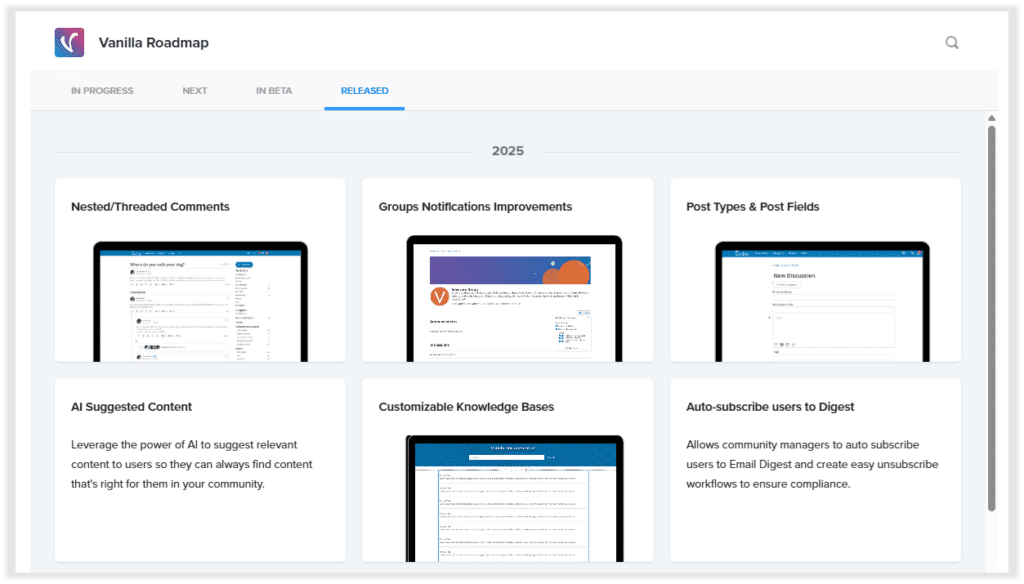 Higher Logic Vanilla’s product roadmap, displayed in Productboard’s Portal and embedded directly in our Success Community