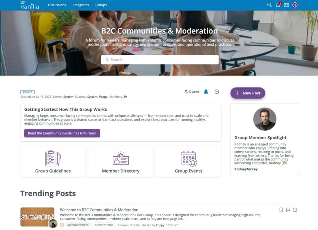 Example of a Higher Logic Vanilla Group homepage designed using Layout Editor with drag-and-drop widgets. 