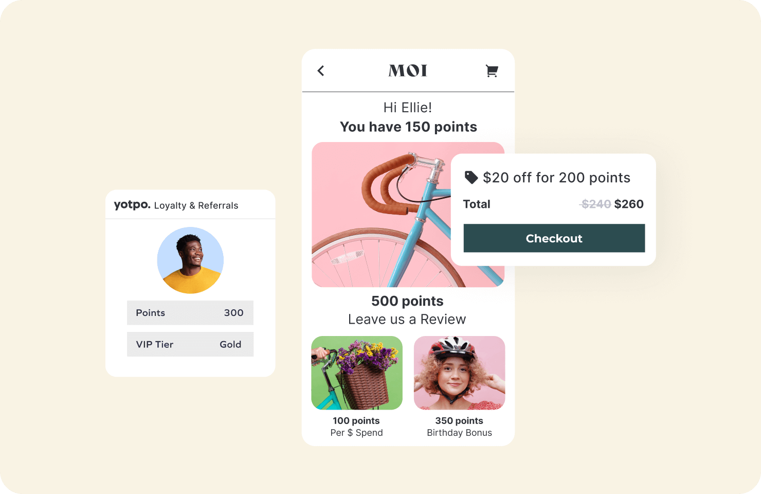 Mockup of Yotpo’s customer advocacy software features, including loyalty points and referral rewards