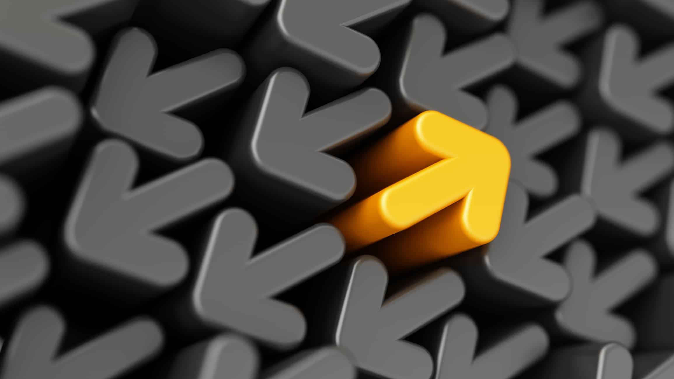 orange arrow in a sea of gray arrows signifying progress toward positive change with AI by using change management principles