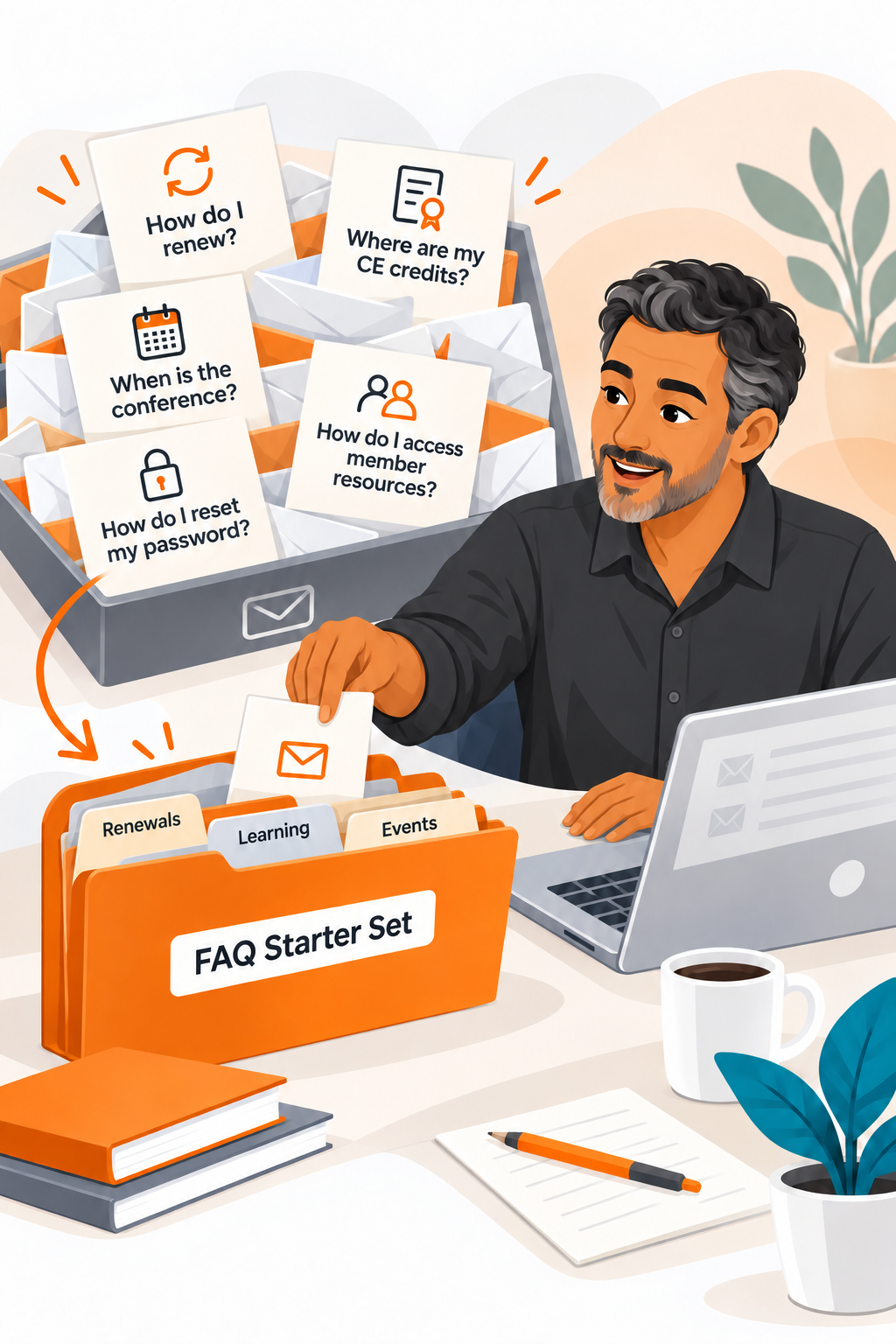 n association staff member organizes recurring inbox questions about renewals, learning, events, passwords, and member resources into an FAQ starter set.